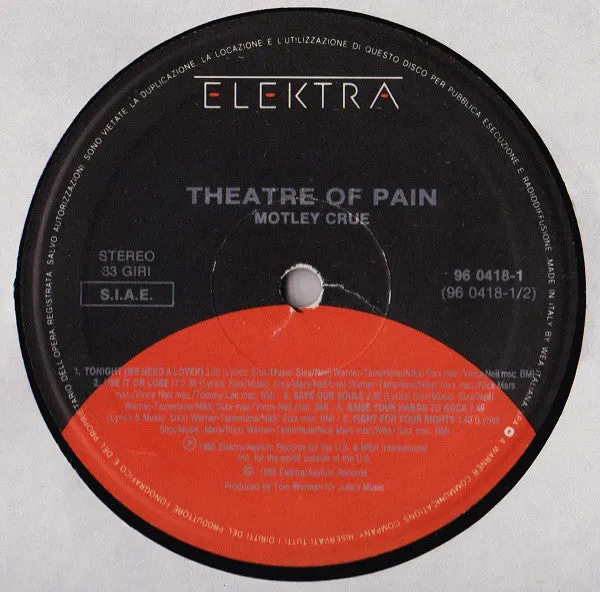 Mötley Crüe Theatre Of Pain vinile LP 1985 VG hard rock