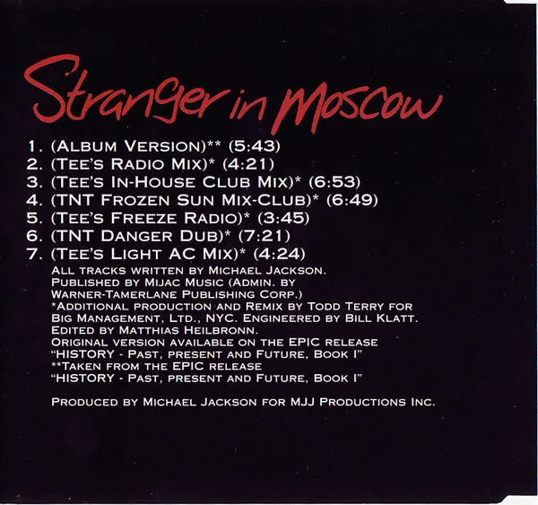 Michael Jackson Stranger In Moscow CD maxi remix Todd Terry