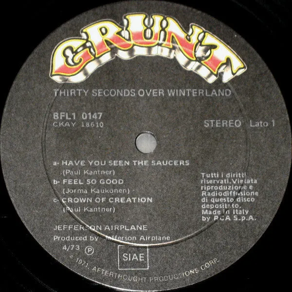 Jefferson Airplane Thirty Seconds Over Winterland LP Italia