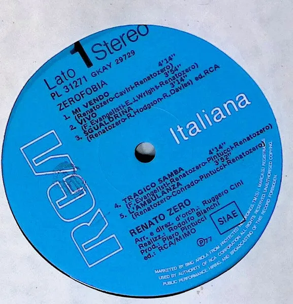 Renato Zero Zerofobia vinile LP ristampa VG