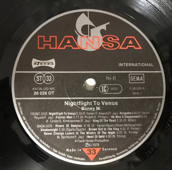 Boney M. Nightflight To Venus vinile LP pressaggio tedesco