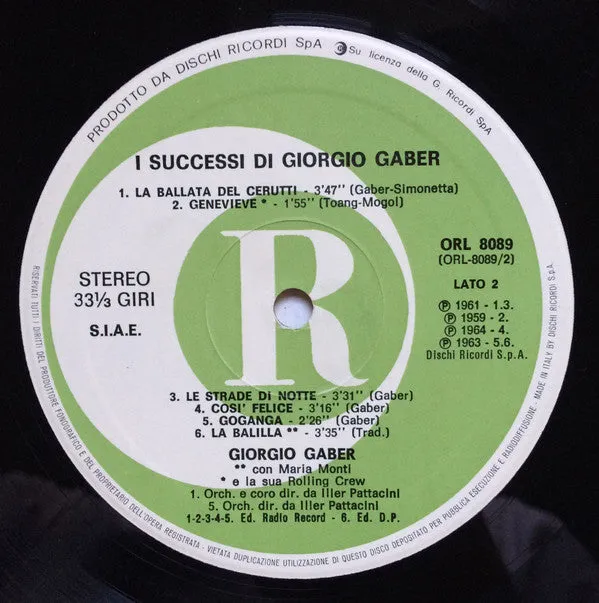 Giorgio Gaber I Successi LP vinile 1978 Ricordi