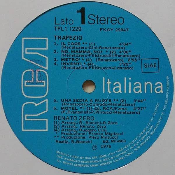 Renato Zero Trapezio LP vinile 1976 RCA VG+