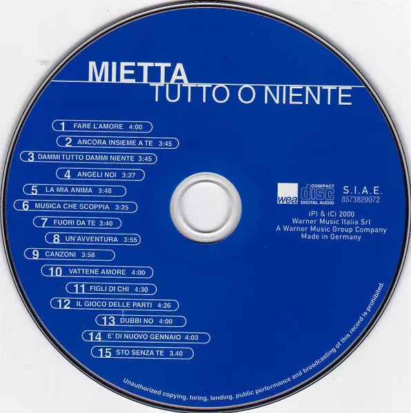 Mietta Tutto O Niente CD compilation successi