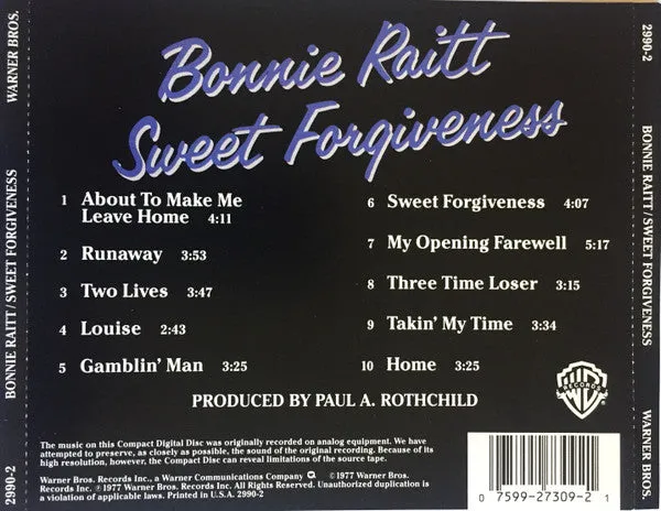 Bonnie Raitt Sweet Forgiveness CD rimasterizzato blues