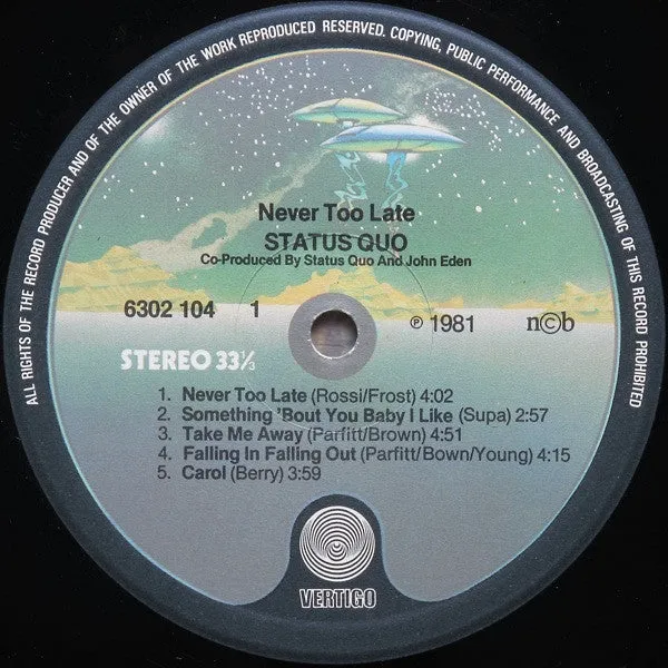 Status Quo Never Too Late LP classic rock Scandinavia