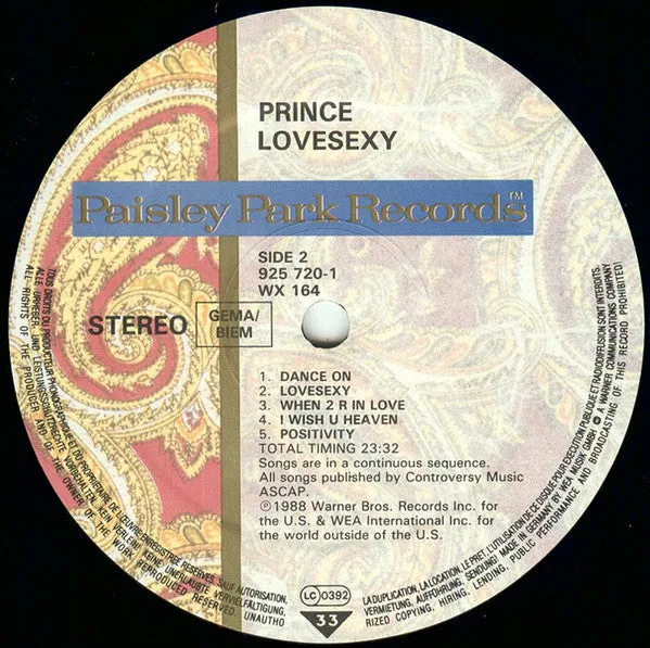 Prince Lovesexy LP vinile usato VG+ funk 1988