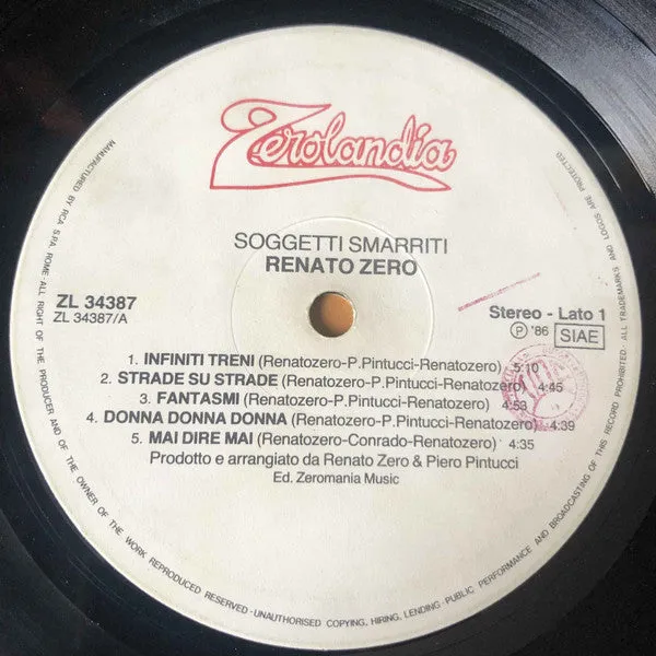 Renato Zero Soggetti Smarriti Vinile LP 1986 usato VG