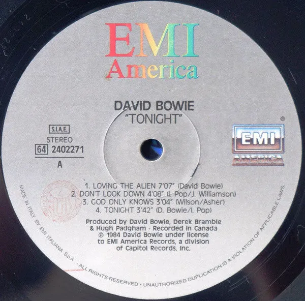 David Bowie Tonight LP vinile 1984 italiano NM