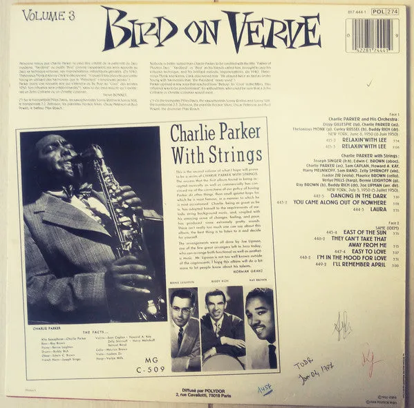 Charlie Parker Bird On Verve Volume 3 vinile LP bop