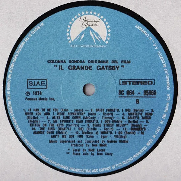 Nelson Riddle The Great Gatsby LP vinile colonna sonora