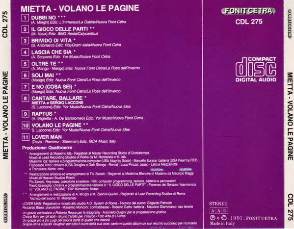 Mietta Volano Le Pagine CD album Fonit Cetra 1991