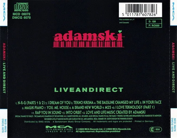 Adamski Liveandirect CD album acid house mixed