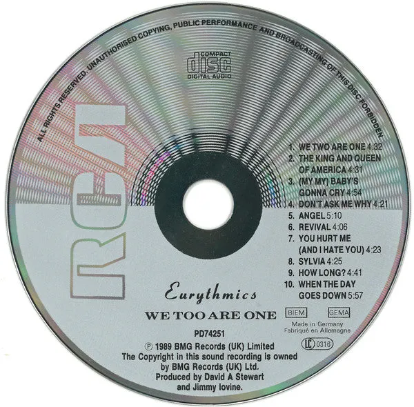 Eurythmics We Too Are One CD europeo 1989 synth-pop VG+
