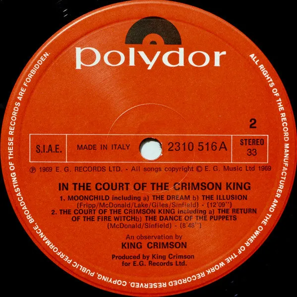 King Crimson In The Court vinile LP usato 1977