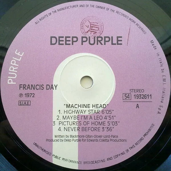 Deep Purple Machine Head LP ristampa Italia 1989 VG+