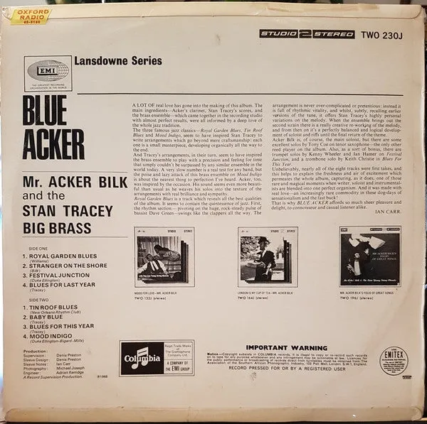 Acker Bilk Stan Tracey Blue Acker LP usato VG+ jazz