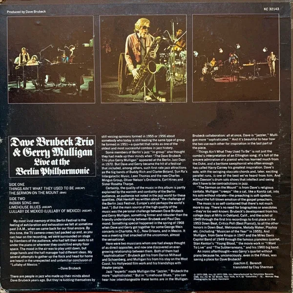 Dave Brubeck Mulligan Live Berlin Philharmonic LP vinile bop