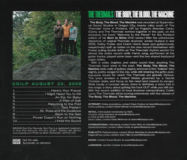 The Thermals Body Blood Machine CD promo