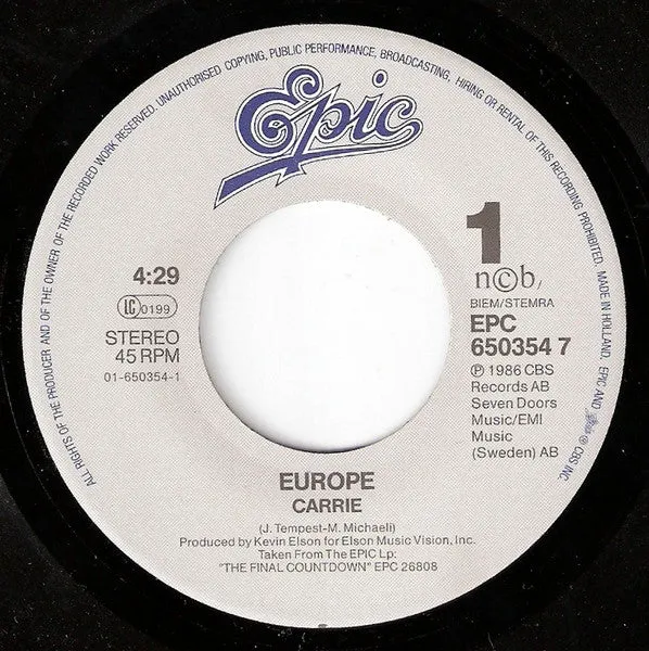 Europe Carrie vinile 7" singolo 45 giri 1987 Holland