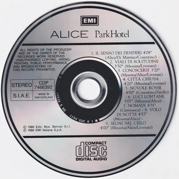 Alice Park Hotel CD album pop rock EMI 1986 jewel case