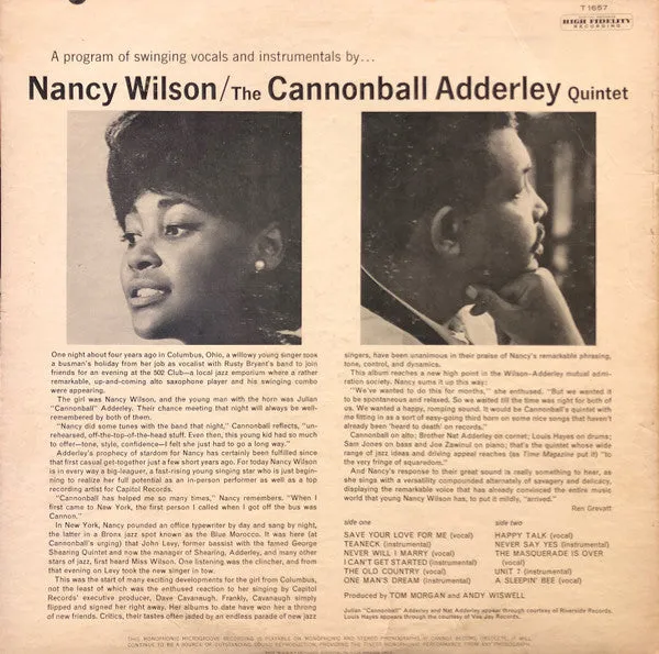 Nancy Wilson Cannonball Adderley vinile LP mono 1962
