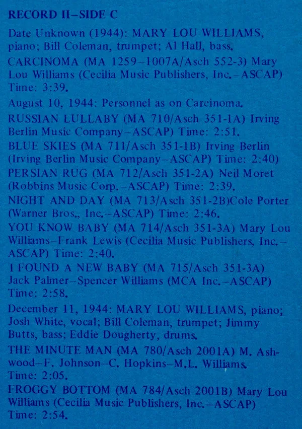 Mary Lou Williams Asch Recordings 2LP box jazz