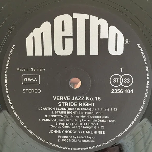 Johnny Hodges Earl Hines Stride Right LP vinile jazz