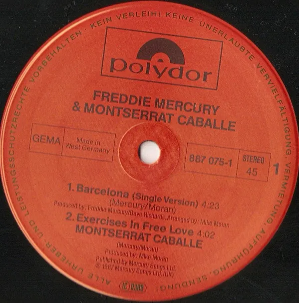 Freddie Mercury Caballé Barcelona maxi 12" 1987