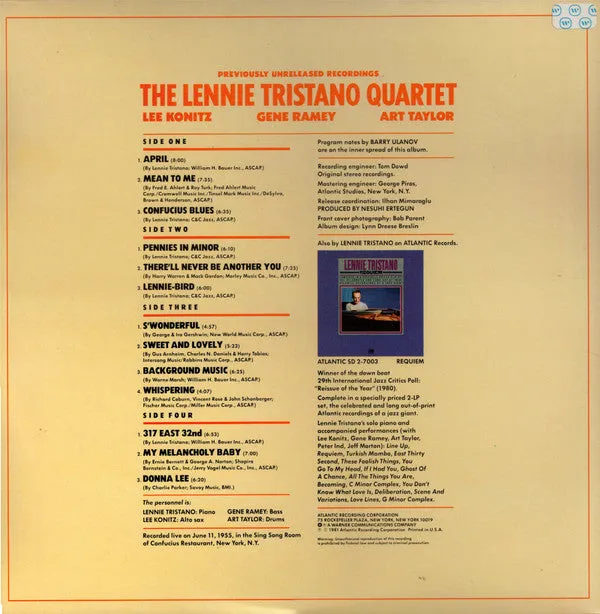 Lennie Tristano Quartet 2xLP cool jazz Atlantic 1981