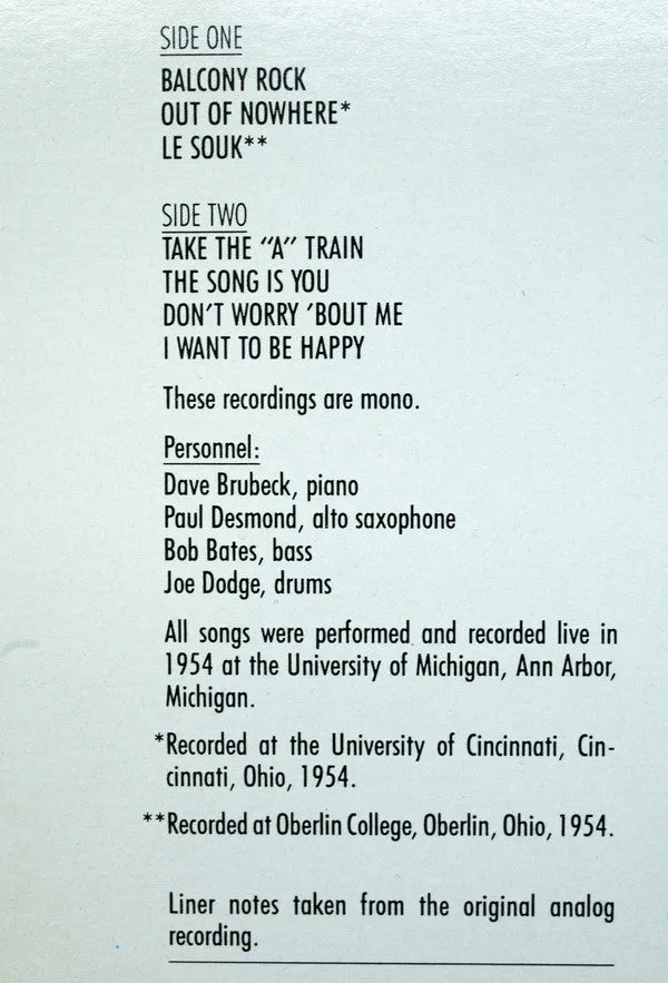 Dave Brubeck Jazz Goes To College LP mono remaster bop NM