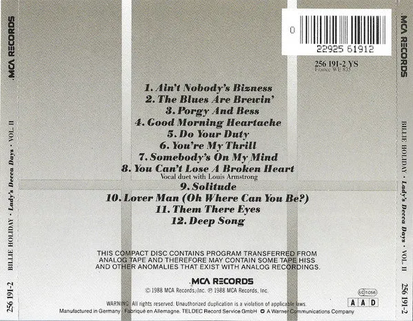 Billie Holiday Lady's Decca Days Vol.2 CD Compilation Swing