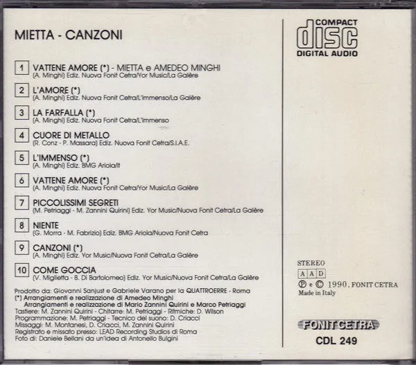 Mietta Canzoni CD album pop quasi mint 1990