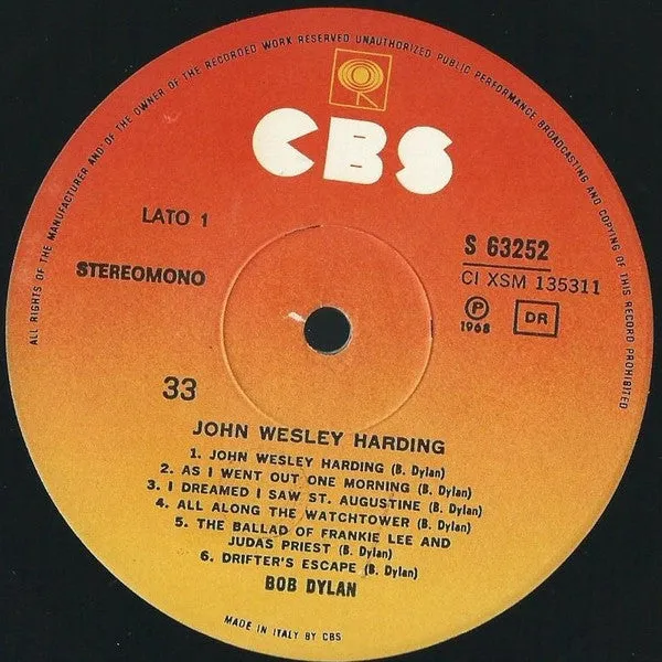 Bob Dylan John Wesley Harding vinile LP ristampa folk