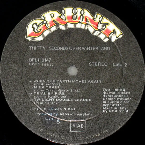 Jefferson Airplane Thirty Seconds Over Winterland LP Italia