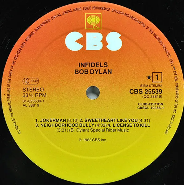 Bob Dylan Infidels LP vinile club Holland 1983