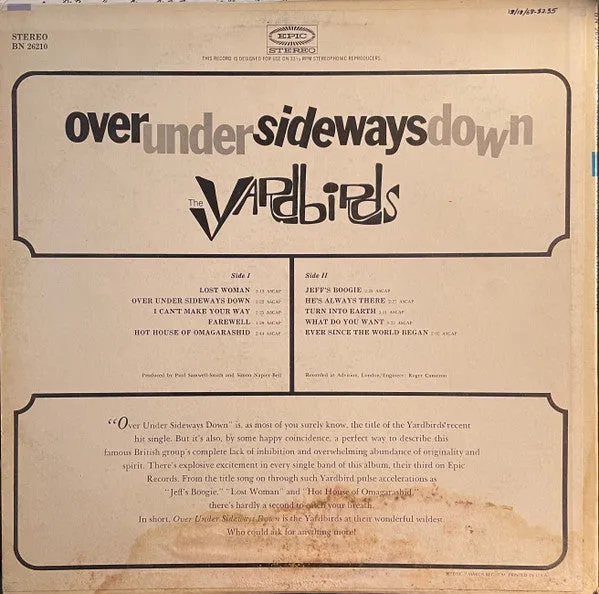 The Yardbirds Over Under Sideways Down vinile LP USA VG+