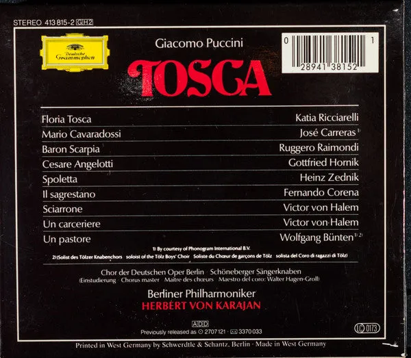 Puccini Tosca Karajan 2xCD box opera Deutsche Grammophon