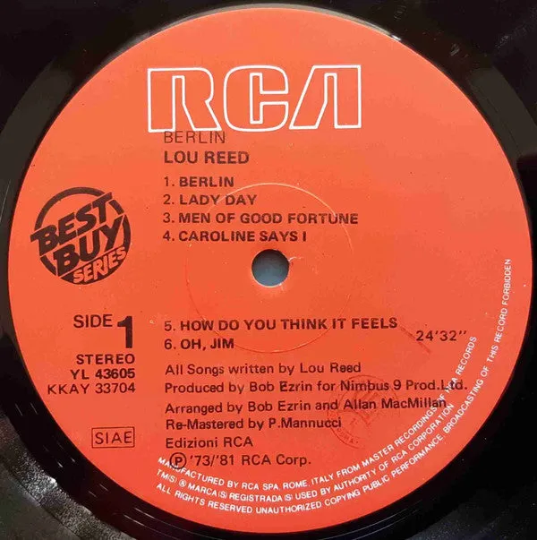 Lou Reed Berlin vinile LP ristampa 1981 Best Buy