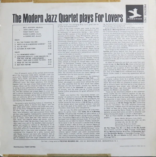 Modern Jazz Quartet Play For Lovers LP compilation
