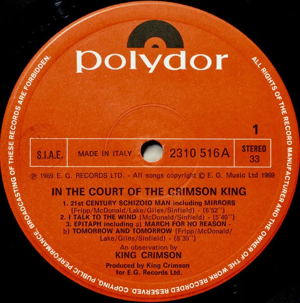 King Crimson In The Court vinile LP usato 1977