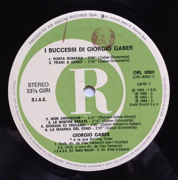 Giorgio Gaber I Successi LP vinile 1978 Ricordi