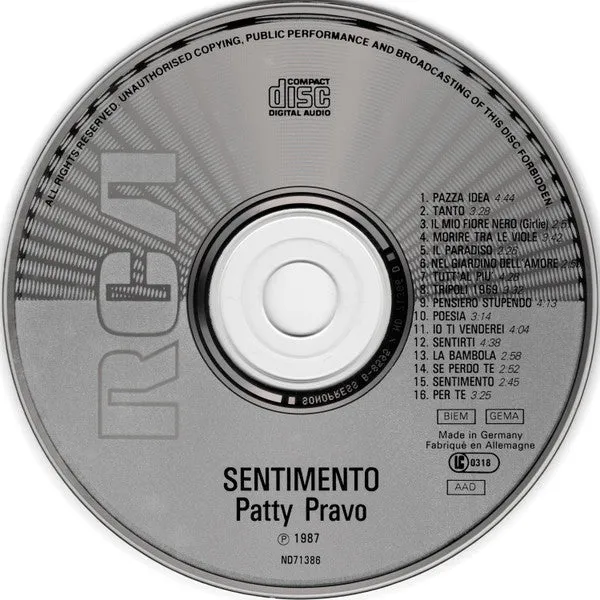 Patty Pravo Sentimento CD compilation 16 brani VG+