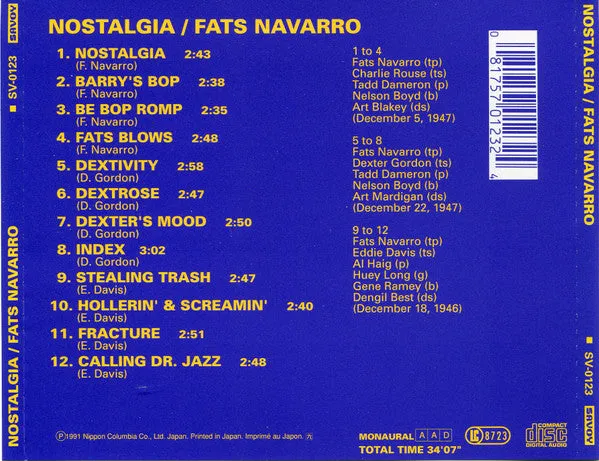 Fats Navarro Nostalgia CD compilation mono bop