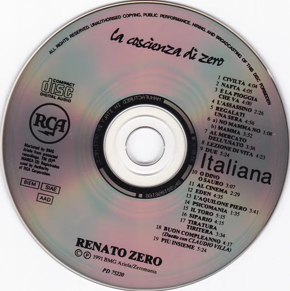 Renato Zero La Coscienza Di Zero CD Album 1991
