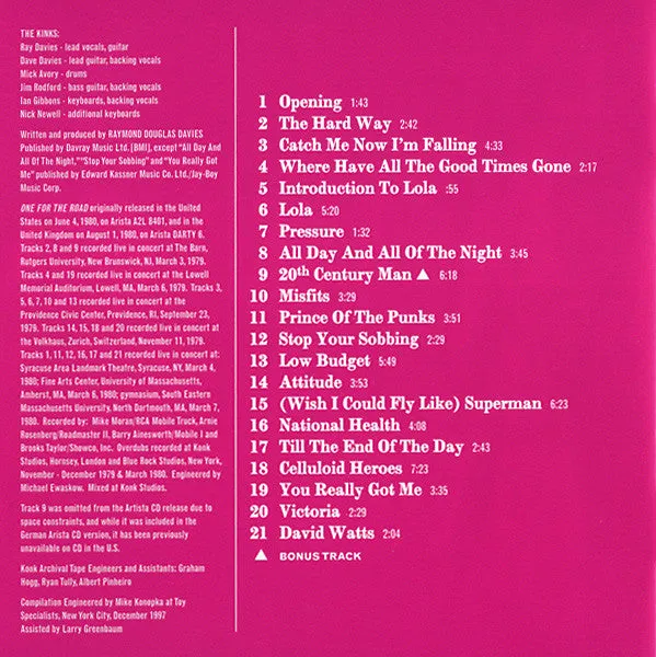 The Kinks One For The Road HDCD album CD rimasterizzato