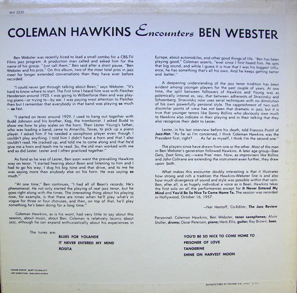 Coleman Hawkins Ben Webster Encounters LP vinile swing