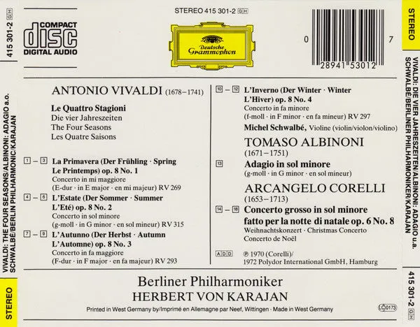 Vivaldi Le Quattro Stagioni CD Karajan 1985 barocco NM