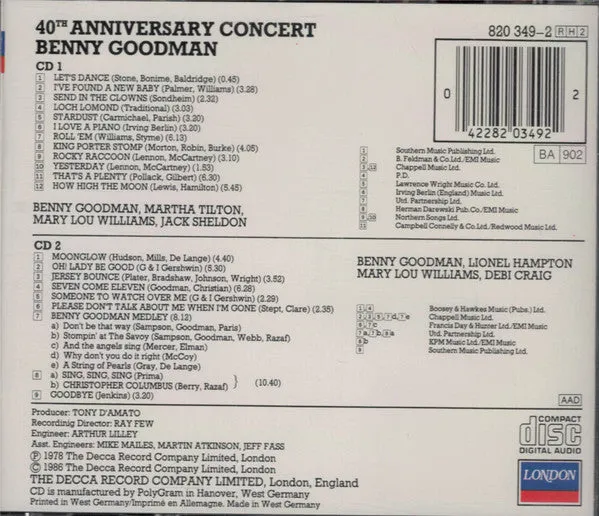 Benny Goodman Carnegie Hall 40th Doppio CD NM big band