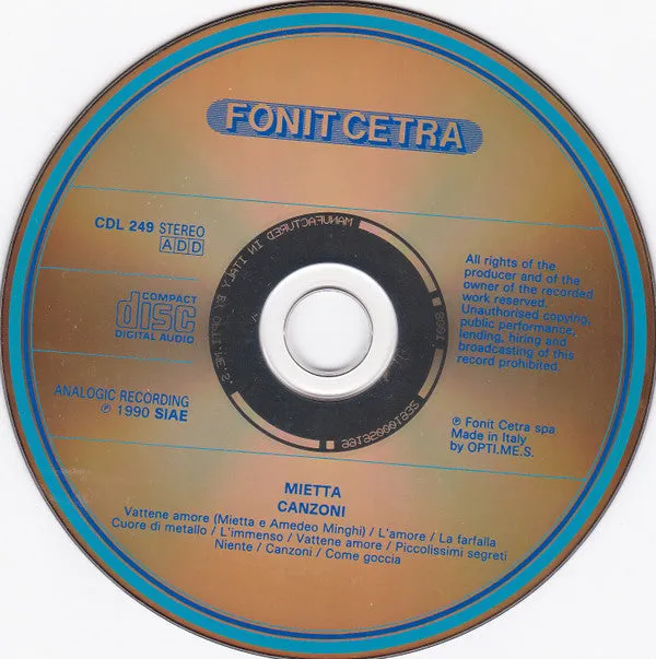 Mietta Canzoni CD album pop quasi mint 1990